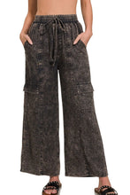 Zenana Washed Linen Elastic Band Waist Cargo Pants ASH BLACK