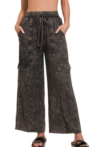 Zenana Washed Linen Elastic Band Waist Cargo Pants ASH BLACK