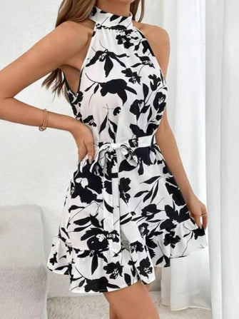 Halter Neck Floral Print Mini Dress White