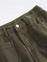 Olive green corduroy full size wide leg pants with button closure and front pockets plus size leg pants