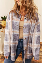 Plaid Button Up Collared Neck Cardigan Pink Purple Woman Outerwear
