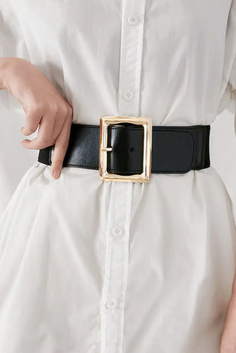 Rectangle Buckle Elastic Wide Belt Black One Size Belts