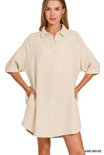 Zenana Washed Double Gauze Button Down Shirt Dress SAND BEIGE