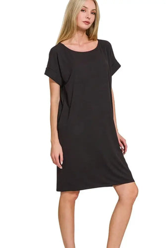 Zenana Rolled Short Sleeve Round Neck Dress BLACK Casual Dresses