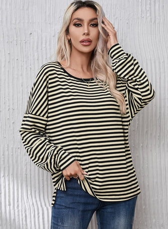 Striped Round Neck Dropped Shoulder T-Shirt Black