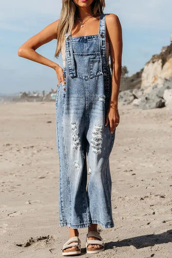 Distressed Bib Pocket Wide Leg Denim Overalls Medium Denim Overalls