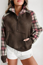 Plaid Half Zip Long Sleeve Sweatshirt Chocolate Woman Sweatshirts