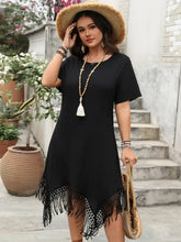 Plus Size Fringe Round Neck Short Sleeve Midi Tee Dress Black Casual Dresses