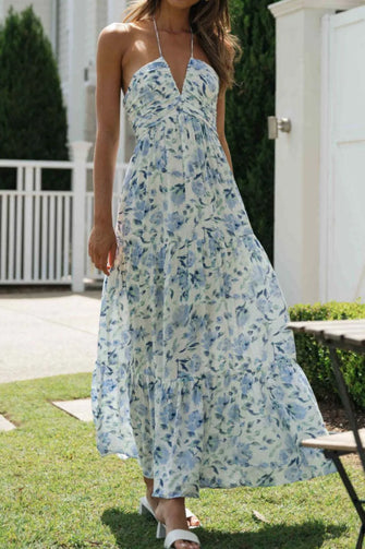 Printed Halter Neck Cami Dress Light Blue