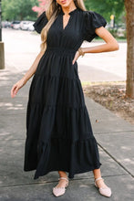 Notched Short Puff Sleeve Dress Black