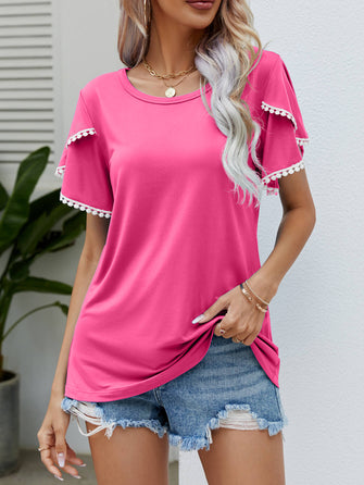 Pom-Pom Trim Flutter Sleeve Round Neck Tee Hot Pink