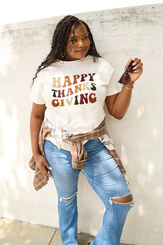 Simply Love Full Size HAPPY THANKS GIVING Short Sleeve T-Shirt White