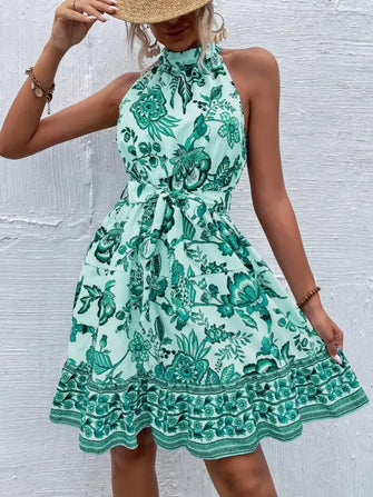 Printed Tie Waist Mini Dress Green Casual Dresses