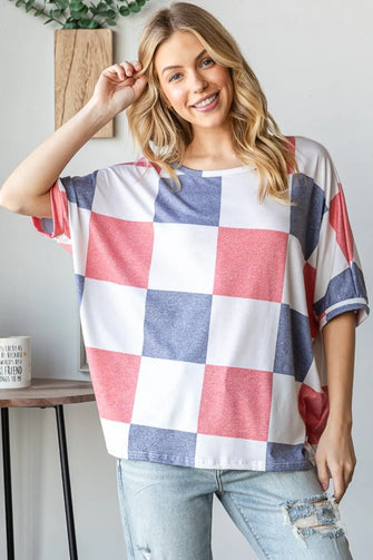HOPELY Checkered Round Neck Half Sleeve T-Shirt Blue Red White Woman T Shirts