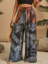 Full size tie-dye wide leg casual pants in blue gray and brown hues with elastic drawstring waistband for plus size