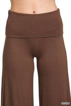 Brown high-waisted wide-leg pants with ribbed elastic waistband from zenana waist comfy fold over wide leg pants