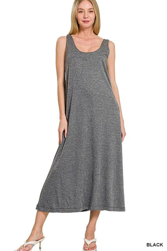 Zenana French Terry Twisted Strap Midi Dress BLACK