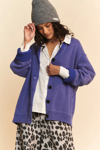 Davi & Dani Shawl Collar Ribbed Detail Button Up Cardigan Azure