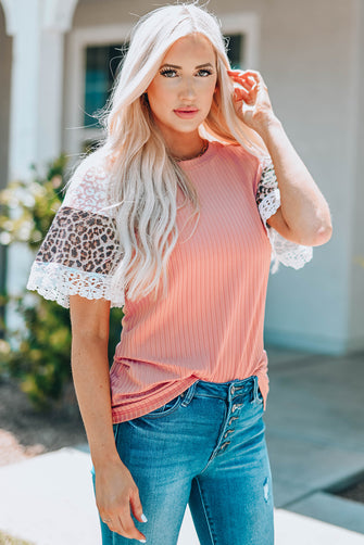 Leopard Lace Trim Ribbed Round Neck Top Blush Pink
