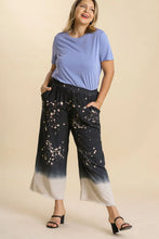 Umgee plus size raw hem wide leg pants in black and white bleach dip dye linen blend with soft flowing fabric