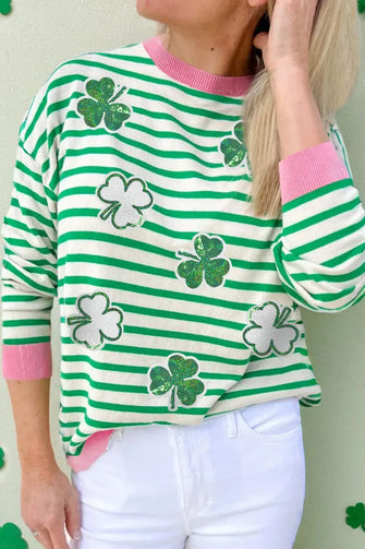 Striped Lucky Clover Long Sleeve Sweatshirt Gum Leaf