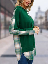 Plaid Drawstring Long Sleeve Slit Hoodie Woman Sweatshirts