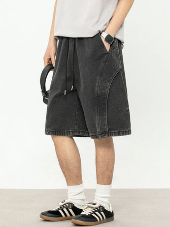 Men's Plus Size Drawstring Denim Shorts with Stitching Detail Dark