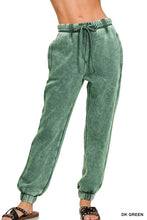 Dark green zenana acid wash fleece sweatpants with soft texture drawstring waistband and elastic cuffs with pockets