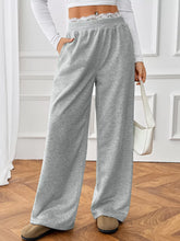 Gray heathered wide leg casual pants with lace trim waistband for comfortable everyday wear