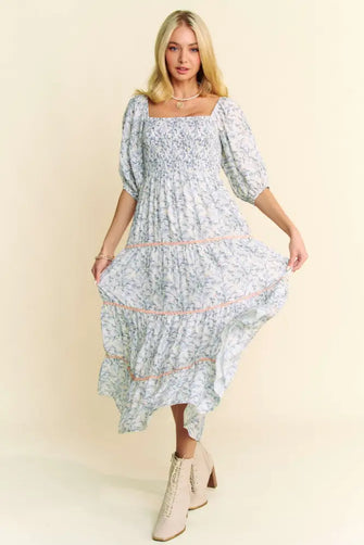 Davi & Dani Contrast Ric Smocking Bodice Tiered Midi Dress BLUE Casual Dresses