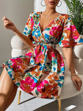 Printed Surplice Short Sleeve Mini Dress Hot Pink