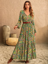 Printed Tie Neck Long Sleeve Dress Woman Maxi Dress