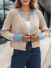 Contrast Button Up Long Sleeve Cardigan Tan Woman Outerwear
