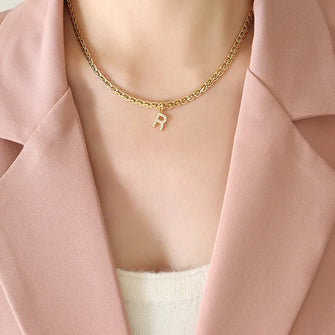 Brass Inlaid Zircon Letter Pendant Necklace Style R One Size