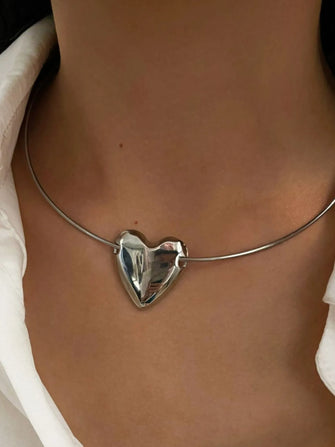 Stainless Steel Heart Pendant Choker Necklace Silver One Size