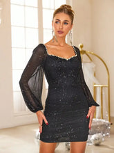 Pearl Trim Sweetheart Neck Long Sleeve Mini Dress Cocktail Dress