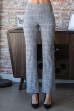 Heimish plus size high-waisted gray and white plaid flare pants with wide waistband and flared leg cut