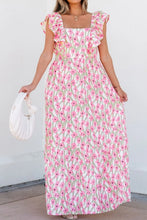 Floral Print Square Neck Ruffled Cap Sleeve Maxi Dress