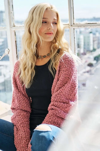 ADORA Popcorn Knit Open Front Long Sleeve Cardigan MAUVE One Size