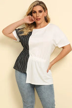 Plus Size Striped Color Block Asymmetrical T-Shirt White Black Woman T Shirts