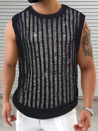 Men's Round Neck Hollow Out Sleeveless Top Black Tanks & Camis