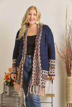 Navy blue Aztec border cardigan with fringe hem and patterned sleeves