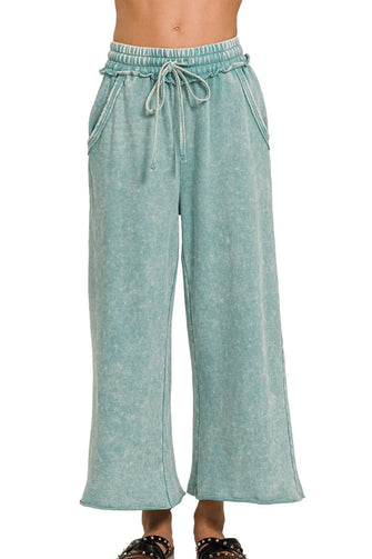 Zenana Washed French Terry Palazzo With Pockets ASH BLUE