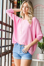 Reborn J Texture Round Neck Smocked Half Sleeve Top PINK
