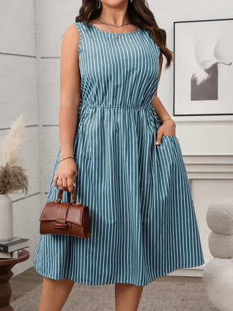 Plus Size Striped Round Neck Sleeveless Dress Teal