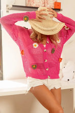 Hot pink open knit sweater cardigan with bibi flower patches