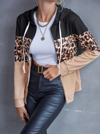Ivy Lane Drawstring Leopard Zip Up Hooded Jacket Black