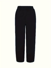 Black high-waisted elastic waist pants with pockets and straight-leg cut for comfortable everyday wear