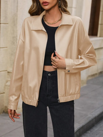 Ivy Lane Pocketed Zip Up Collared Neck Jacket Khaki