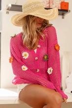 Hot pink open knit sweater cardigan with bibi flower patches